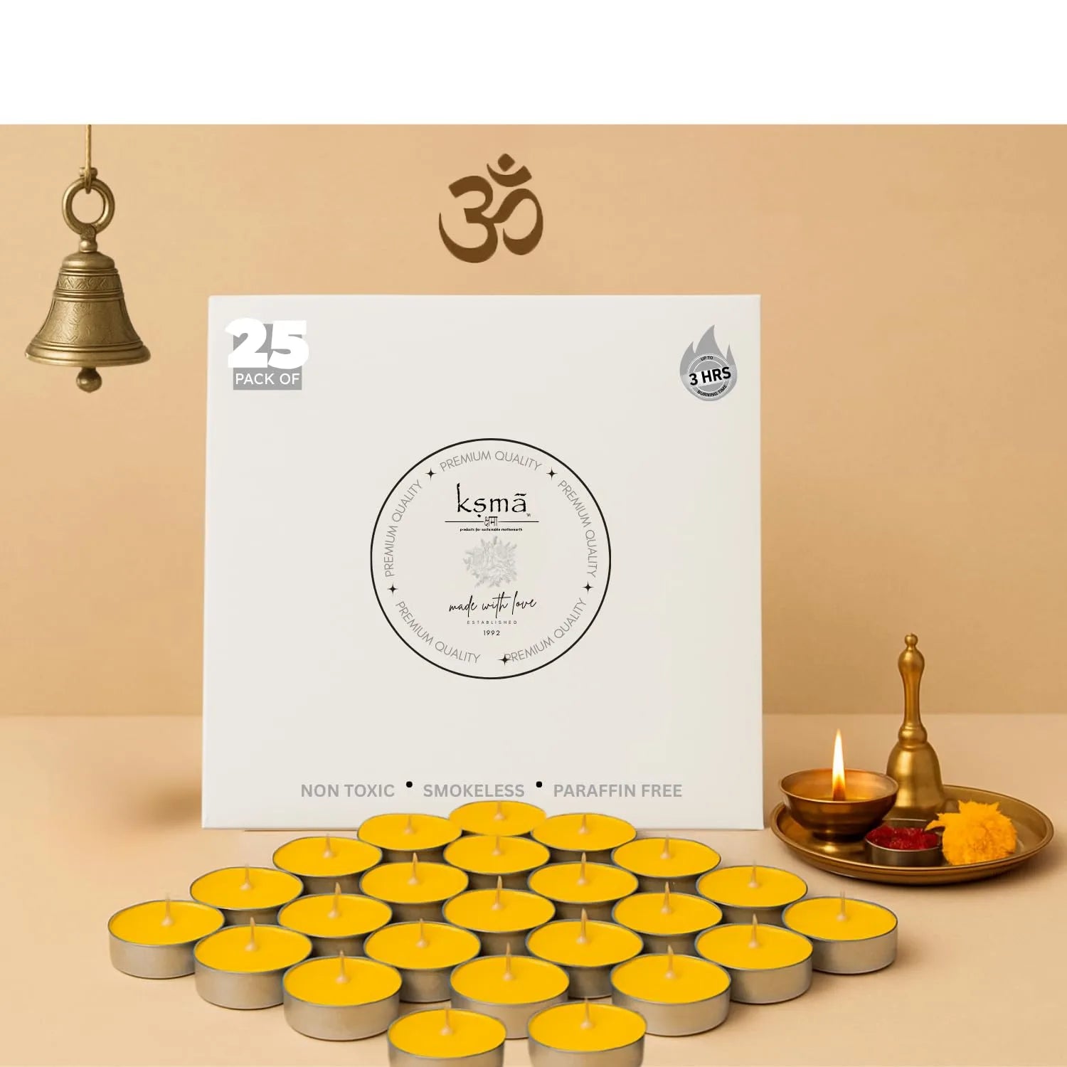 Ghee diya tealight candles set of 25 with product packaging for puja and festive use